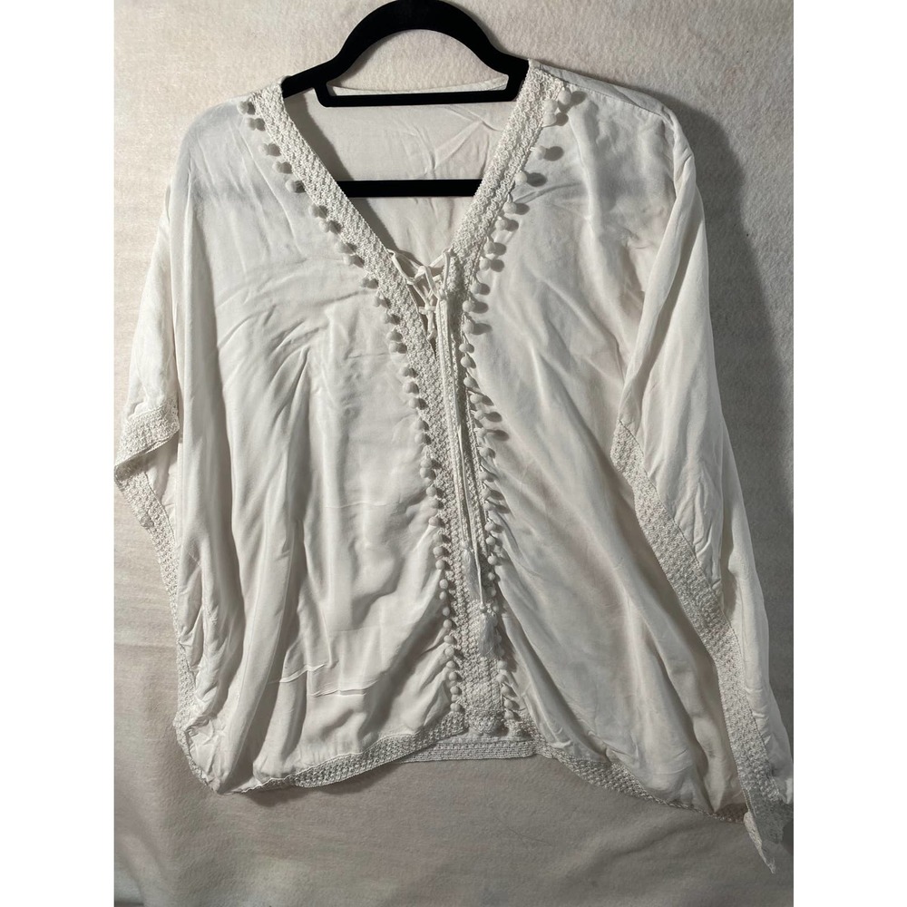 Boho Peasant Pom-Pom White Long Sleeve V-Neck Blouse One Size